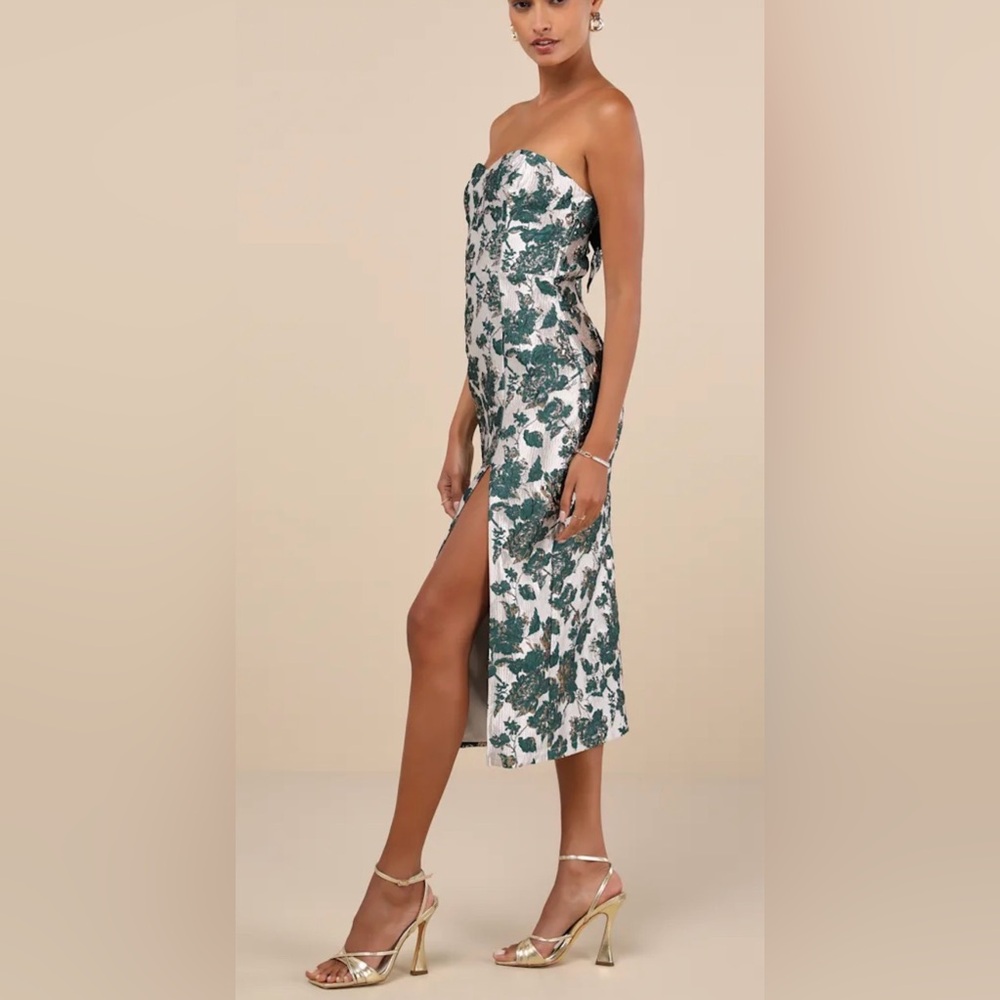 Lulus Beloved Belle Strapless Jacquard Bow Midi Dress S NWT